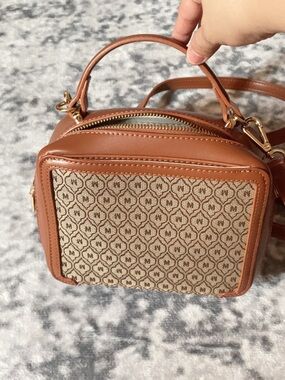 Moussy Tan Leather-Trim Mini Crossbody with Patterned Canvas Panel